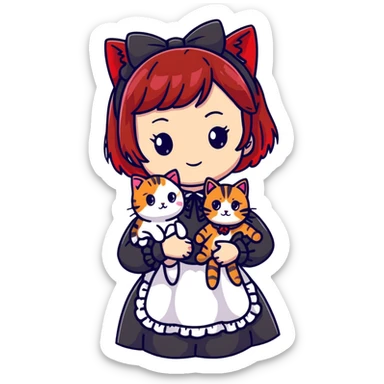 Girl with black and red-tipped hair in black Lolita dress with tabby cat sticker