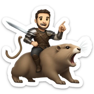 Confident armored White Man with dark brown hair and a short beard pointing forward with one arm holding a sword and yelling a battle charge while riding on the back of a giant groundhog sticker