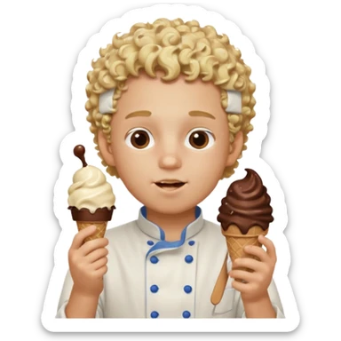 boy blonde curly hair, chef, eating chocolate ice cream sticker