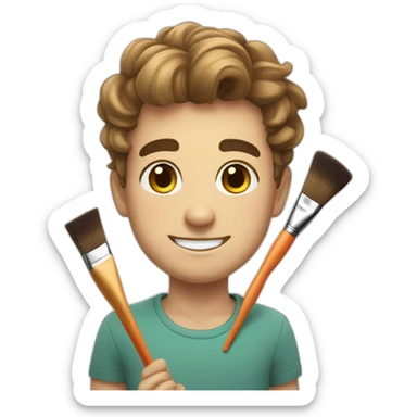 A cute brother with a round face and slightly droopy eyes, smiling with a colored brush in his hand. sticker