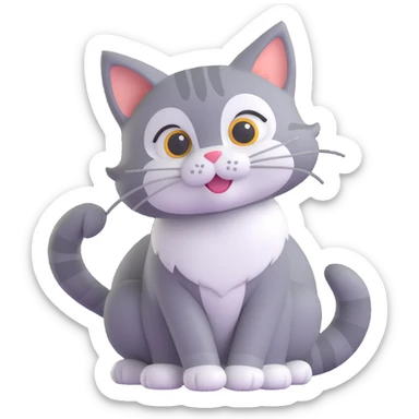 a playful cat, white nose and underbelly, gray fur, tail curled sticker
