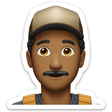 young man with a black tiny moustach and a brown trucker hat sticker