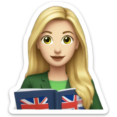 English teacher female with blonde hair and green eyes. with English book with usa flags sticker