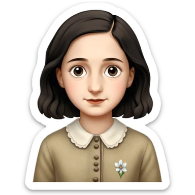 Anne Frank – Cinematic Realistic Portrait of Anne Frank, depicted with a reflective, gentle expression in period clothing, her eyes conveying hope and resilience, rendered with soft, natural lighting and delicate textures that capture the poignancy of her legacy. sticker