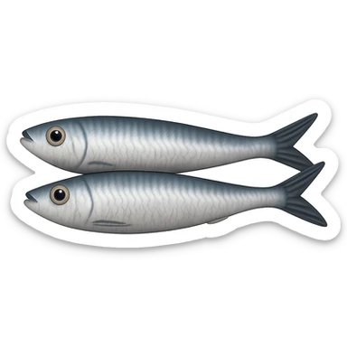 Remove any face or anthropomorphic features. Show only two small whole sardines side by side, silvery skin with blue-gray tones, fine scale texture, slim elongated bodies, pointed heads, slightly curved tails. No can, garnish, or background—just the fish. Render in Apple emoji style with transparent background and emoji scale. sticker