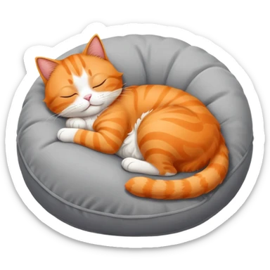 Orange cat with white belly laying down on gray pillow sleeping curled into a ball sticker