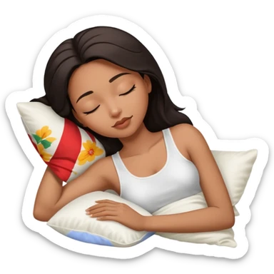 beauty african american woman, shoulder length dark hair,  sleeping laying on her side with a white silk pillow, she is wearing a white tank top sticker