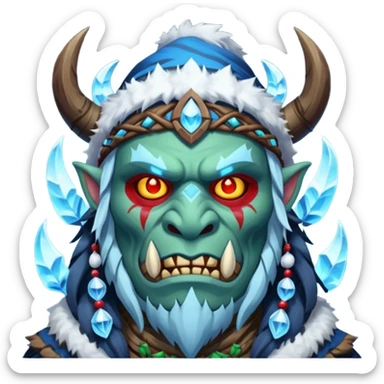 Fantasy Christmas orc shaman icon, ice spirit magic theme, glowing runes, winter tribal mask elements, mystical cold atmosphere, emoji sized portrait, male/female variant sticker