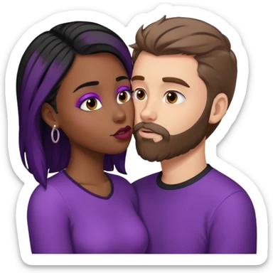White guy with brown hair and beard kissing black girl with black and purple hair. Make them the same height sticker
