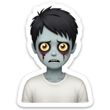 spooky zombie boy, black shaggy emo hair, creepy expression, white shirt, emoji style sticker