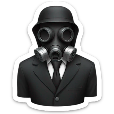 Poker face man, black hair and black gas mask on and black pant suit sticker