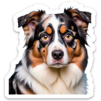 Cinematic Grumpy Calico Australian Shepherd Portrait Emoji, Head tilted slightly with a deeply unimpressed expression, thick predominantly white fur with distinct black, tan, and red merle calico patches, large, droopy blue eyes narrowed into an unamused glare, ears slightly drooping in exasperation, Simplified yet comically expressive features, highly detailed, glowing with a dry, sarcastic glow, high shine, effortlessly judgmental yet dignified, stylized with a touch of cynicism, bright but brooding, soft glowing outline, capturing the essence of an eternally unimpressed yet endearing pup, so lifelike it feels like it could sigh heavily at you in disdain at any moment! sticker