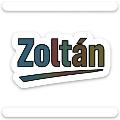 Zoltán name in masculine, modern, gradient font with precise Hungarian characters, dark contour, extra wide and prominent white letter frame as in sample images, dynamic slanted underline, masculine color shades (blue, gray, burgundy, green, brown), 1000x1000 px, PNG, transparent background sticker