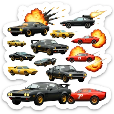 Photorealistic Icon for Action Movies: Dynamic close-up collage of iconic action movie scenes featuring explosions, fast cars, combat, and weapons. Include silhouettes of famous action heroes, dramatic lighting, and a sense of high-octane energy. Transparent background. sticker