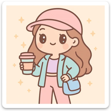 influencer girl, chic streetwear, holding a coffee cup, confident pose, pastel colors, kawaii style sticker