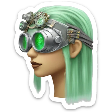Light green long hair female cyborg head with silver steampunk goggles as a headband, circuits sticker