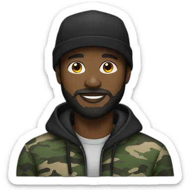 black man with a beard,camo hat, black hoodie sticker