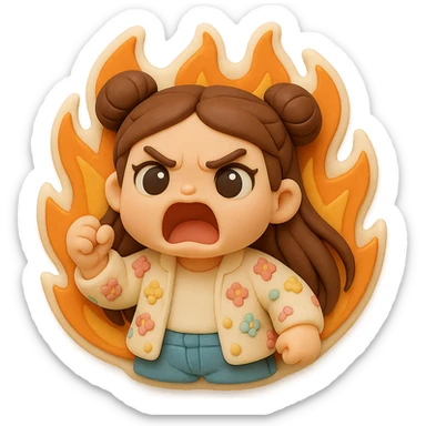 3D chibi fondant cake art style, high-quality rendering with smooth shadows and soft gradients. Girl based on reference image (preserve facial features), long brown hair in two space buns, brown eyes, jeans, pastel floral cardigan, thick white outline like a sticker, transparent background. Screaming angrily while surrounded by flames. Make sure her appearance matches previous stickers. sticker