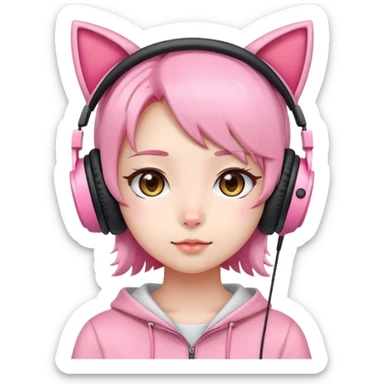 Cute Japanese girl wearing pink cat ear headphones sticker