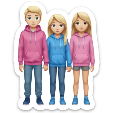 full-length couple, girl with long blonde hair and blue eyes in pink hoodie, boy with brown hair in gray hoodie sticker