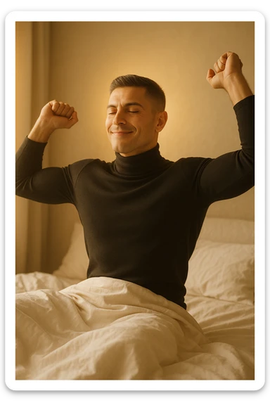 A cinematic photo of a man stretching in bed just after waking up, the morning sunlight flooding the room. His skin glows slightly, expression rested and serene. Muscles subtly defined, energy flowing through his posture. The air is filled with a golden calm. A symbolic glow surrounds his head and chest, representing mental clarity and physical recovery. The scene is clean, natural, minimalist. Rich in textures and realistic warmth. sticker