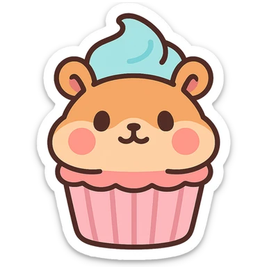 kawaii hamster cupcake with pastel cream topping, chubby face, animal looking front side, flat pastel style sticker