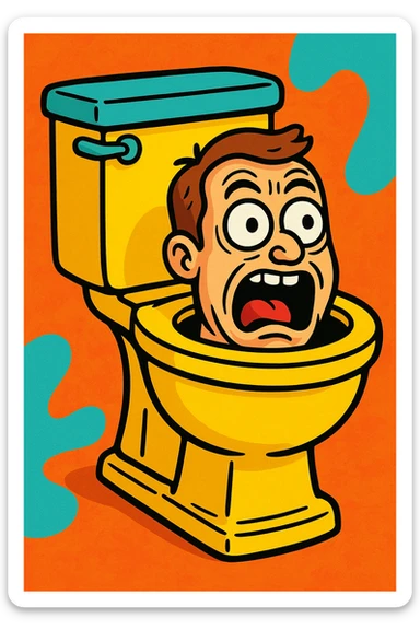 Skibidi Toilet style toilet with a human head peeking out from inside, funny expression, bright colors, cartoon style sticker