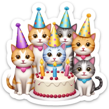 six cats celebrating a 40th birthday, party hats, cake with number 40, emoji style sticker