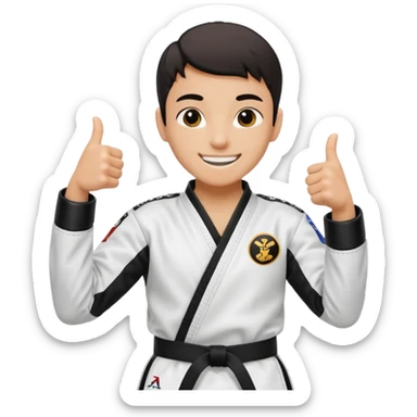 Perfecto pero el uniforme debe ser de taekwondo de ATA cinturón negro con un logo de mambo negra y realizando este gesto sonriendo 👍🏼 sticker