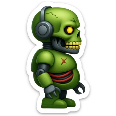 Create a fat zombie robot terminator in apple emoji style, side view, with no background. The style should mimic apple style emojis with no background. sticker