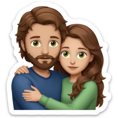 a man with  brown hair and brown beard with hazel eyes and a girl with long brown wavy hair with green eyes, togheter, with neutral clothes, hugged each other sticker