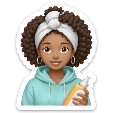 Black girl, clean girl aesthetic, 4C curly hair in a puff with a towel on her head, pastel hoodie, white sneakers, minimal jewelry, soft smile, cozy vibe, bright colors, Apple-style. Applying white clay mask on her face, enjoying her skincare routine. sticker