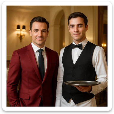 A businessman in a crimson suit with a waiter sticker