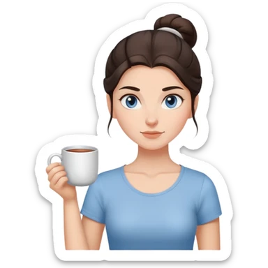 With her dark brown hair pulled back in a bun, and captivating grey-blue eyes, the girl holds a mug of tea, the steam rising like a gentle promise of warmth, clad in a simple white t-shirt.  sticker