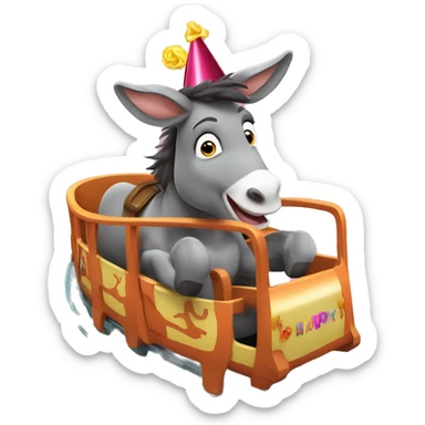 Donkey wearing a birthday hat and riding a rollercoaster sticker