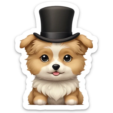 cute small dog with plain light tan fur, black nose, black round eyes, curly fluffy medium length hair, wearing a top hat sticker