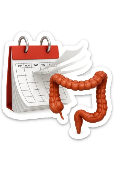 emoji stile iphone di un calendario con fogli che volano insieme a pezzi anatomici di colon umano, iperrealistico 4k, isolato su sfondo bianco sticker