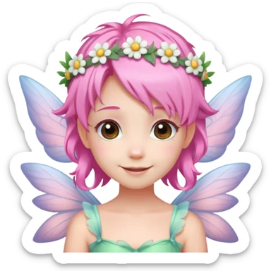 A tiny pastel fairy with pink hair with glowing wings and a sweet smile and tiny flower crown sticker