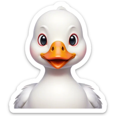 Cinematic Comical White Duck Portrait Emoji, Head tilted dramatically with an exaggeratedly amused expression, featuring a striking, glossy white plumage with a quirky red bill, wide, expressive eyes filled with playful disbelief, Simplified yet hilariously expressive features, highly detailed, glowing with a slightly sassy glow, high shine, dramatic yet playful, stylized with an air of cheeky mischief, bright and endearing, soft glowing outline, capturing the essence of a spirited and over-the-top duck, so meme-worthy it feels like it could quack its way into internet fame instantly! sticker
