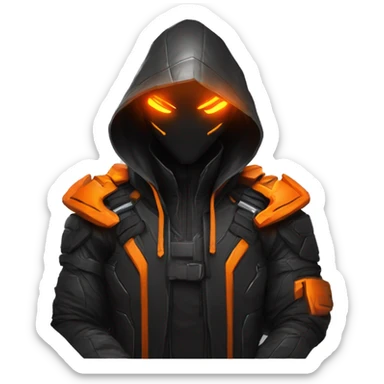  developer behind his laptop with this style : crysis Cyberpunk Valorant orange glowing bright orange character orange black hooded assassin themed character sticker