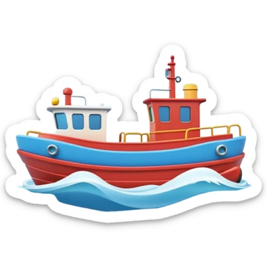 A 3D cartoon tugboat towing another boat on calm blue water, soft waves, clear sky, Memoji-style. sticker