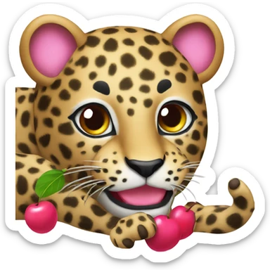 Leopard with a pink bun eating cherry sticker