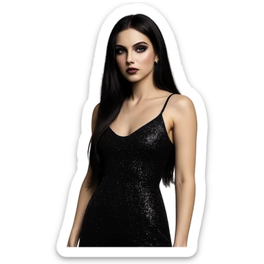 a girl with long black hair, wearing a shiny glittery black night dress, purple makeup, dark red lipstick, edgy vibe, confident and mysterious sticker