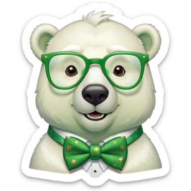 head and shoulders of a friendly anthropomorphised polar bear smiling, wearing large multicolored star-shaped glasses, green bow tie, shamrock pin, festive green shirt sticker