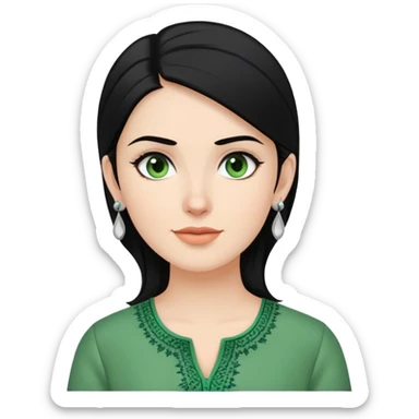 a white woman with black hair and green kurti beautiful casual and silver earrings in her ear sticker