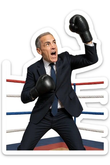 Mark Carney, former Bank of England governor, performing a classic boxing uppercut, energetic pose, gloves up, in a boxing ring, expressive face, business attire with boxing gloves, dynamic action, clear background sticker