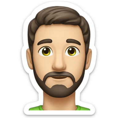 Male, thin face, dark brown beard 10cm long and reaching up to the nose, protruding ears, green eyes, cap. sticker