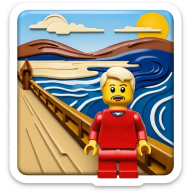 Edvard munch the scream landscape in the style of Lego with a minifig sticker