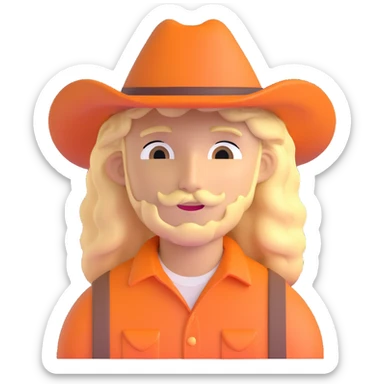 young man with wavy blonde hair, blank face, orange cowboy hat sticker