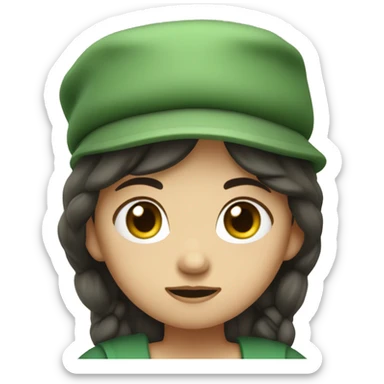 sad shepherdess, white skin, long dark hair, green dress and a hat whole body emoji sticker